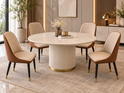Round Pedestal Dining Table, Fluted Base, Modern Gold WithChairs