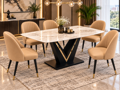 Alder Marble Top 6-Seater Dining Set with Chairs – Beige