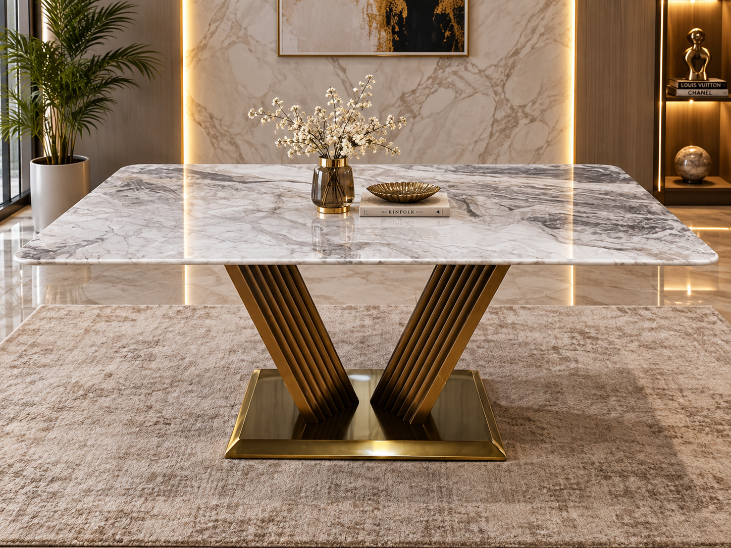 Iris Marble Top 6 Seater Dining Set with Chairs - Image 2