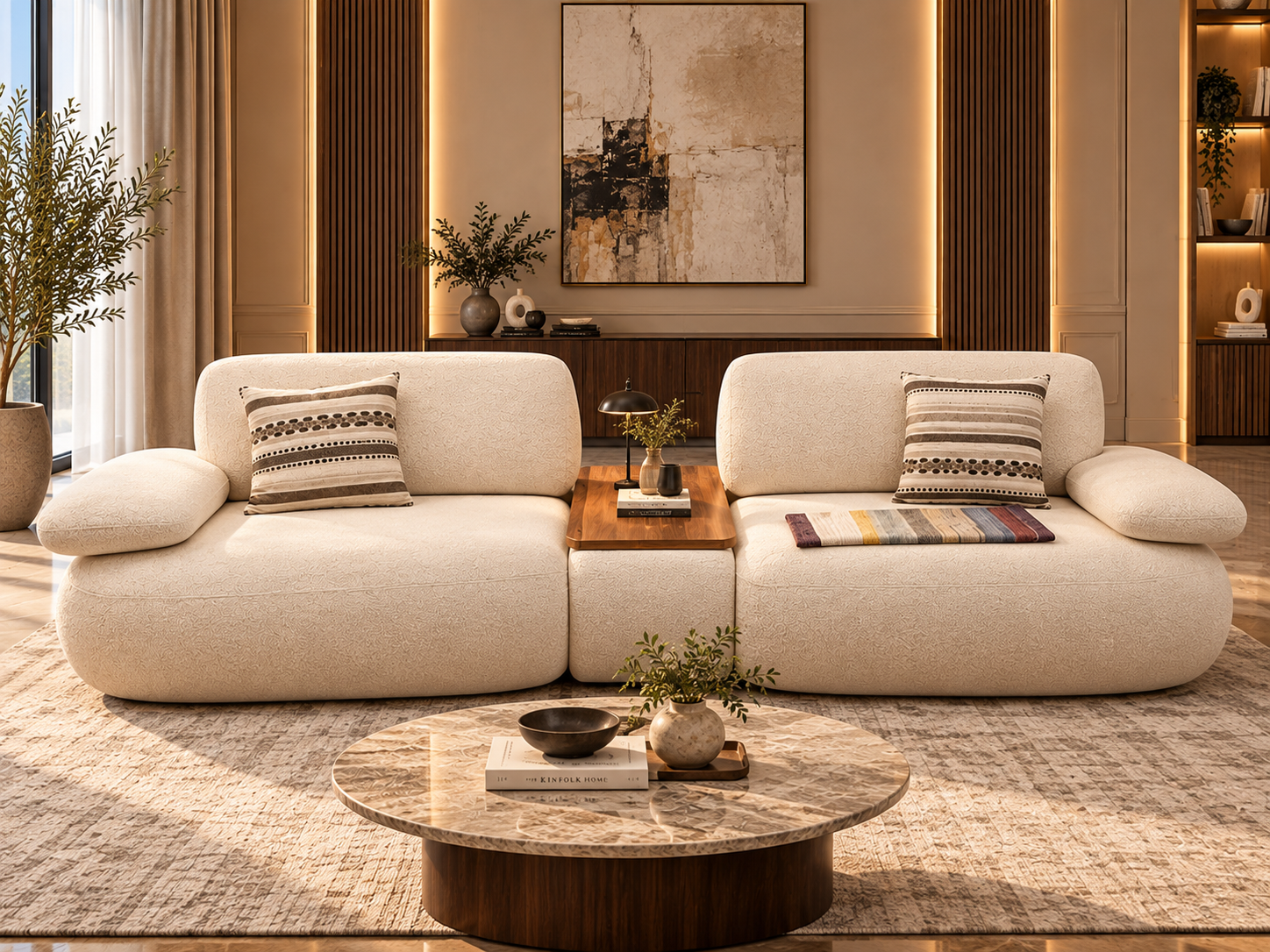 Modern Radiance 3 Seater Fabric Sofa With Modular Wood Top Table - Image 2