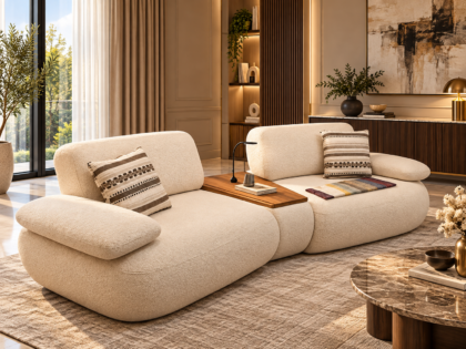Modern Radiance 3 Seater Fabric Sofa With Modular Wood Top Table