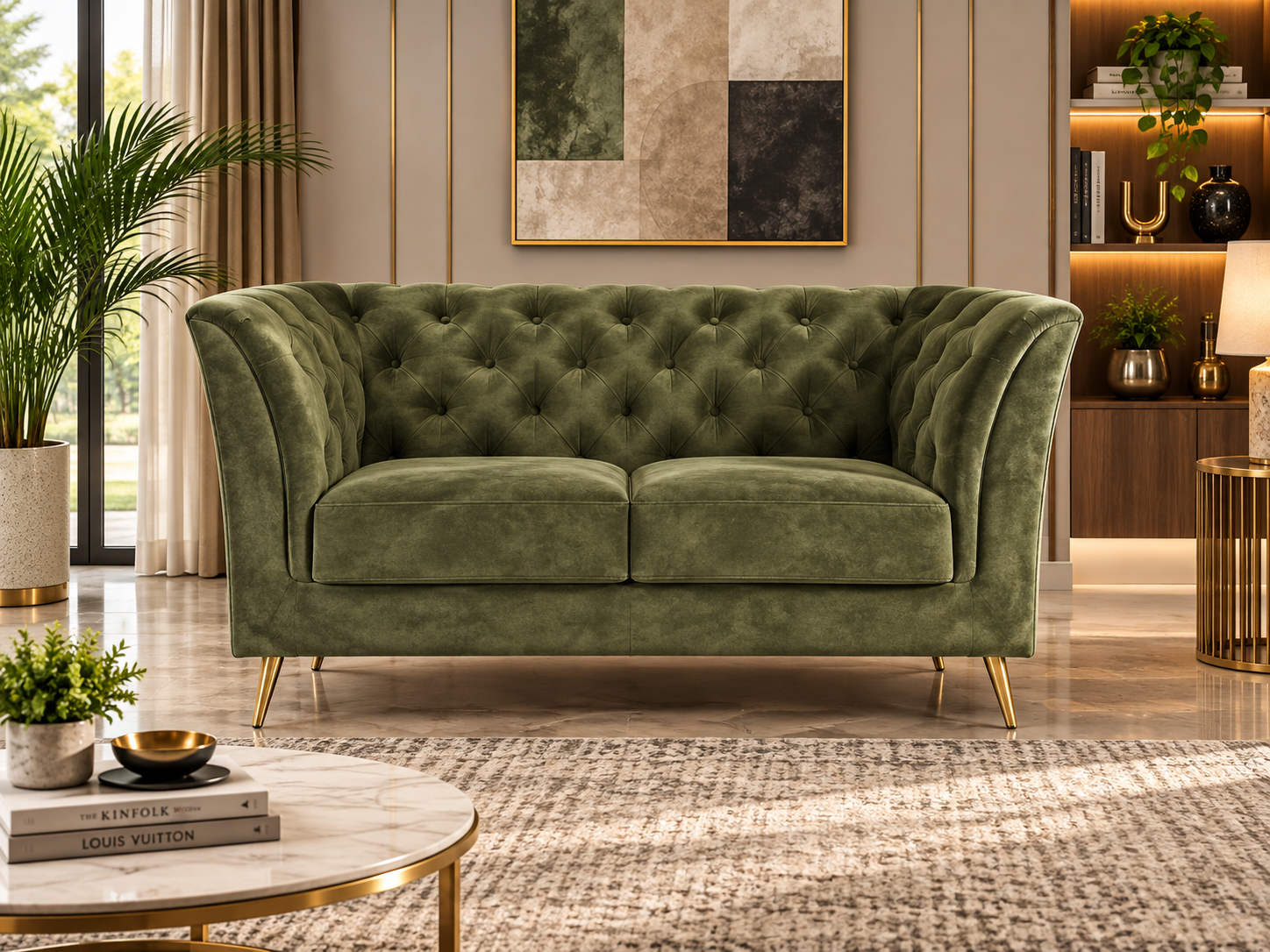 Elegant Olive Velvet Sofa Set 3+2 - Image 3