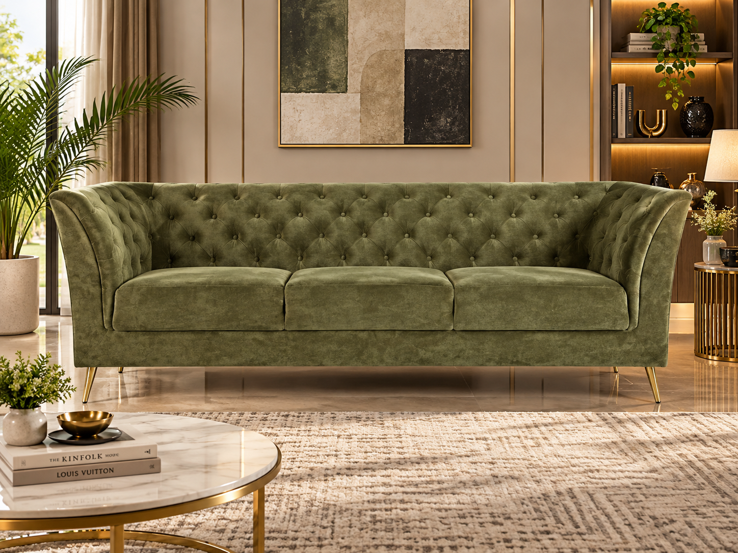 Elegant Olive Velvet Sofa Set 3+2 - Image 2