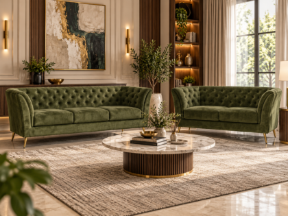 Elegant Olive Velvet Sofa Set 3+2